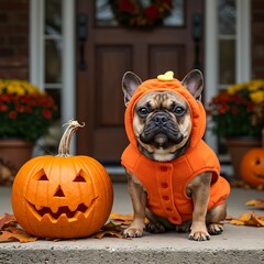 Cute French Bulldog in Pumpkin Costume on Autumn Porch with Halloween Decor	