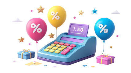 Sale discount promotion cash register balloons gifts shopping online retail commerce offer 3d render on transparent background