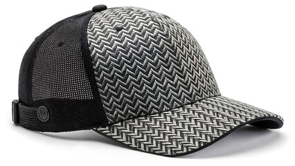 Black and White Textured Baseball Cap on Grey Platform,rugged gray baseball cap photographed in moody lighting, revealing its vintage texture and classic construction.  