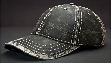Black and White Textured Baseball Cap on Grey Platform,rugged gray baseball cap photographed in moody lighting, revealing its vintage texture and classic construction.  