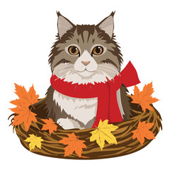 Cat in Red Scarf with Autumn Leaves