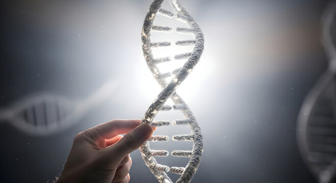 Exploring the mysteries of life as a hand interacts with a luminous genetic double helix