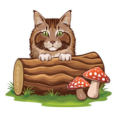 Cat Peeking from Wood Log Mushrooms