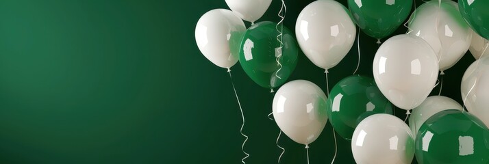 Celebration of pakistan independence day with green and white balloons. Horizontal banner. Copy space. Balloons in colors of flag of Pakistan