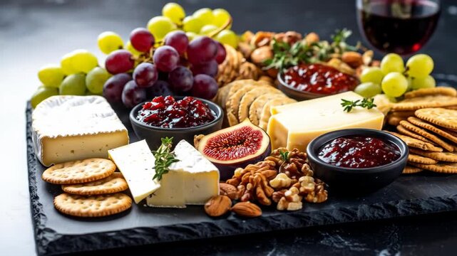 Delicious charcuterie board featuring cheese grapes nuts crackers and jam perfect for sharing