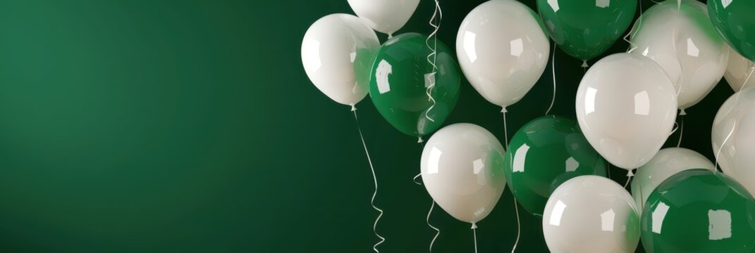 Celebration of pakistan independence day with green and white balloons. Horizontal banner. Copy space. Balloons in colors of flag of Pakistan - Powered by Adobe