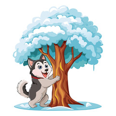 Husky Puppy Under Snowy Winter Tree
