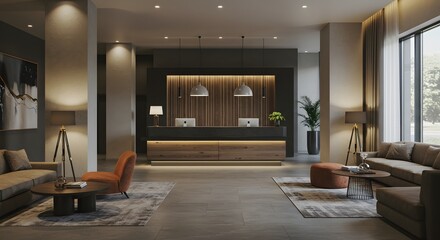 Fototapeta premium Modern Hotel Lobby Interior Design with Reception Desk