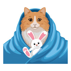 Fototapeta premium Cat in Blue Blanket with White Bunny