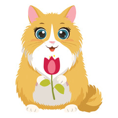 Cute Orange Cat Holding Pink Tulip
