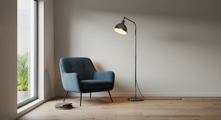 Modern Interior Design: Blue Armchair and Floor Lamp in Minimalist Living Room