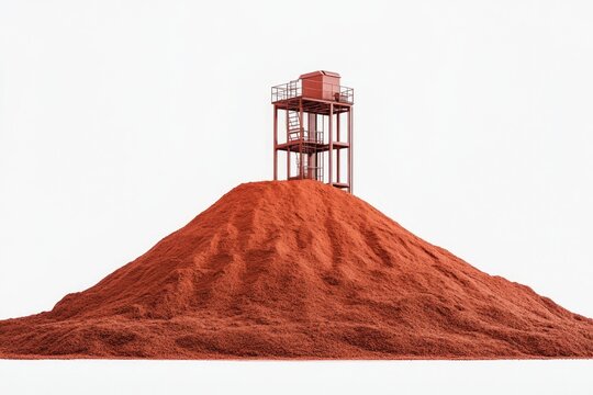 A  red mound of material, topped by a small, red metal tower