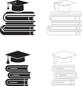 Teachers Day Icon Set Stack of Books with Graduation Cap in Solid and Outline Styles