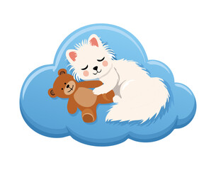 Cute White Kitten Sleeping with Teddy Bear