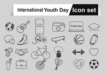 celebrating international Youth Day line icon set. Showcasing various activities and symbols relevant to young people black sign editable vector.