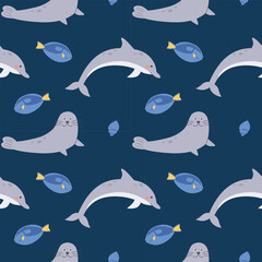 Marine Vector Seamless Pattern. Sea life. Pattern design for kids. Cute childish cartoon background