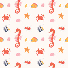 Marine Vector Seamless Pattern. Sea life. Pattern design for kids. Cute childish cartoon background