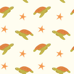 Marine Vector Seamless Pattern. Sea life. Pattern design for kids. Cute childish cartoon background