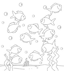 Cute cartoon hand drawn vector various types of fishes swimming in sea outline.