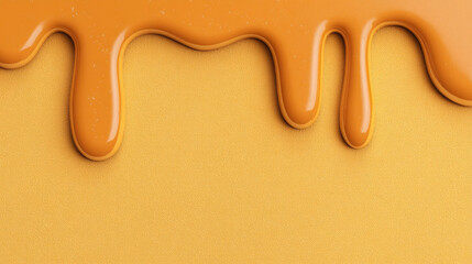 A modern 3D Halloween greeting card design mockup. caramel drips with soft brown and amber gradients. The style is minimalist and sweet with copy space. Isolated on a  golden yellow background.