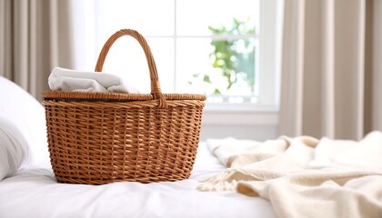 Fototapeta premium Light-brown wicker picnic basket on a white bed near a window