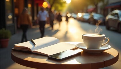 Steaming Coffee, Notebook, and Smartphone in Vibrant Street Setting