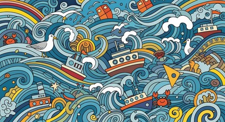 Flat abstract doodle sea travel background - nautical tourism vacation concept