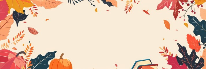 Fototapeta premium Autumn back to school celebration with colorful leaves and pumpkins. Horizontal banner. Copy space. Free space for text. Knowledge Day. Flat illustration