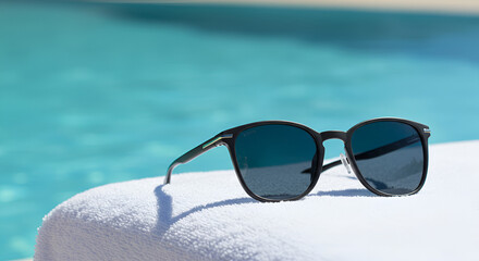 Sunglasses resting on a towel by a pool