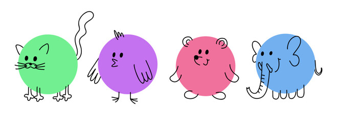 Cute animals drawn with pencil lines in a circle