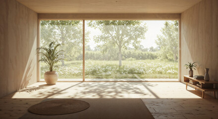 Fototapeta premium minimalist interior of a bright room with a natural landscape outside the window . Generative AI