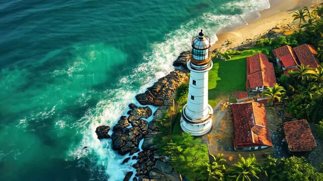 Beautiful aerial view of Kovalam Lighthouse in Thiruvananthapuram by the sea at sunset, Aerial view of kovalam lighthouse thiruvananthapuram kerala