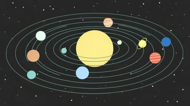 A stylized illustration of the solar system with planets orbiting the sun in space