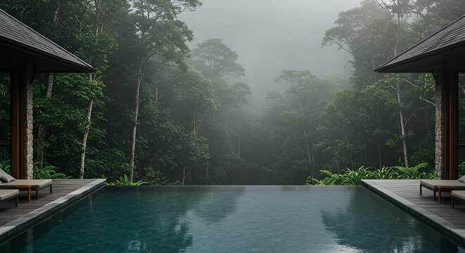 Tranquil infinity pool in a misty jungle