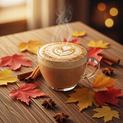 Warm Cup of Pumpkin Spice Latte with Latte Art and Autumn Leaves on Wooden Table