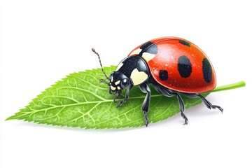 Fototapeta premium A vibrant ladybug resting peacefully on a fresh green leaf against white clear in white background. Generative Ai