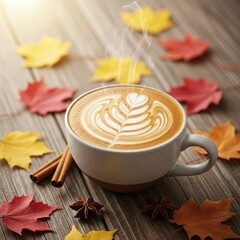 Warm Cup of Pumpkin Spice Latte with Latte Art and Autumn Leaves on Wooden Table