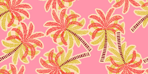 Hand drawn palm tree damask seamless pattern. colorful hawaiian print, summer holiday background in vintage style. Tropical plant painting. Design for fabric, textile, wallpaper and decoration.