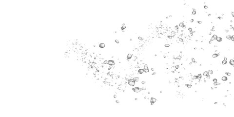 Dynamic realistic water bubbles flowing right. A cascade of effervescent air bubbles graphic element, ideal for liquid, beverage, or underwater designs. Isolated object on transparent background, PNG 