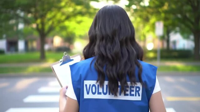 Back View Volunteer Wearing Blue Vest Holding Clipboard in Community Service on Street with Green Trees in Soft