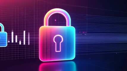 Colorful digital padlock symbolizing security in a futuristic tech environment with abstract lines - Powered by Adobe