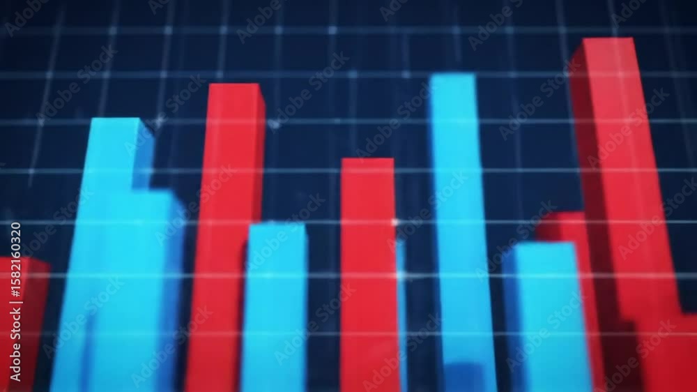 Poster dynamic bar graph displaying red and blue business data on dark grid background