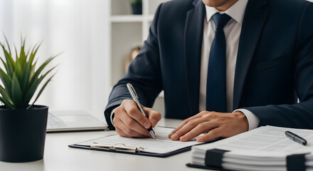 A focused professional in business attire carefully signs a crucial agreement at a bright office workstation.