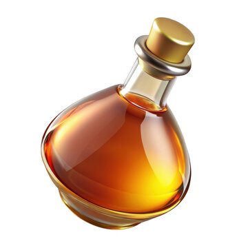 3d amber elixir bottle with golden cap isolated on transparent background