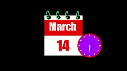 2026 sal March month 14 date calendar icon clock lime animation 4k video.Calendar animation showing March month with flipping through days of month 4k, video, black, background,