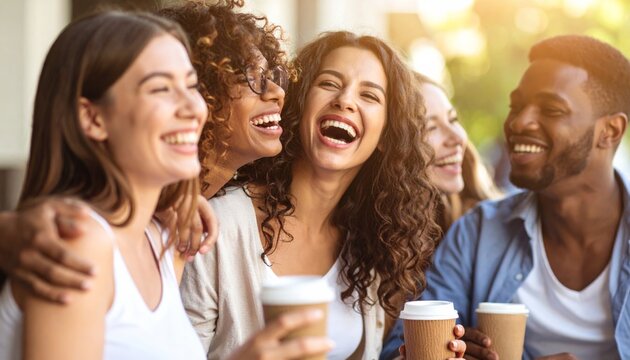 Group of Friends Laughing Together at a Trendy Cafe 
