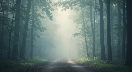 Serene view of a misty forest path with tall trees, shrouded in calming morning fog, showcasing nature's peaceful atmosphere and inviting exploration.