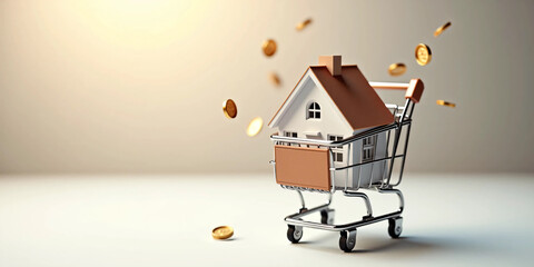 Conceptual 3D visual of a small modern home placed in a metallic shopping trolley, capturing the narrative of lifestyle choices, urban mobility, digital property commerce, and shifting home values.