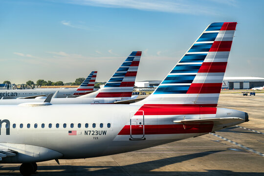Charlotte, North Carolina - July 4, 2025: Multiple American Airlines aircraft parked at Charlotte Douglas International Airport (CLT). Photo reflects the scale of operations at a major hub for