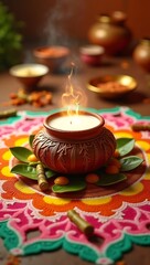 Naklejka premium Decorative setup for Pongal featuring traditional clay pot with boiling milk, turmeric leaves, sugarcane stalks, and colorful kolam on the ground. South Indian festive elements only, no people.